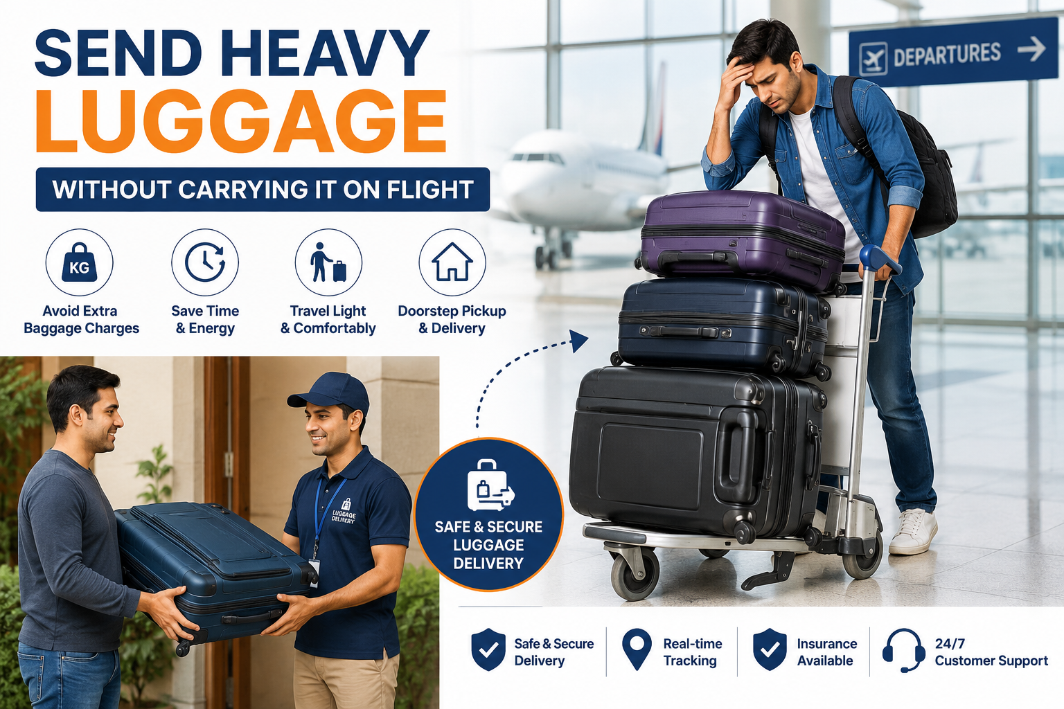 Traveler sending heavy luggage through a doorstep baggage delivery service before flight