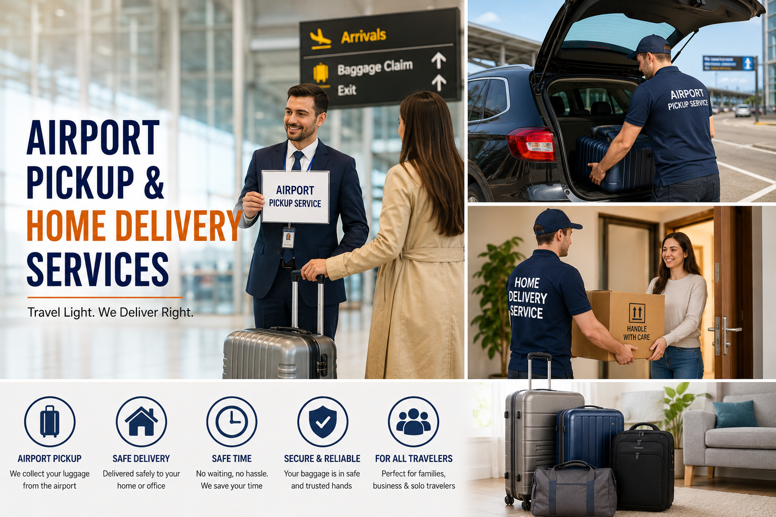 Traveler using airport pickup and home delivery service for luggage